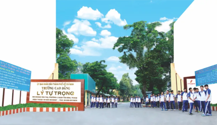 Hình ảnh cổng và tòa nhà chính Trường Cao đẳng Lý Tự Trọng tại Tân Bình
